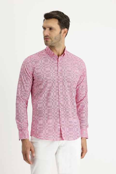 Sugar Pink Long Sleeve Slim Fit Printed Cotton Shirt