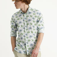 Grass Green Long Sleeve Printed Slim Fit Shirt