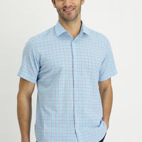 Aqua Blue Short-Sleeve Plaid Shirt
