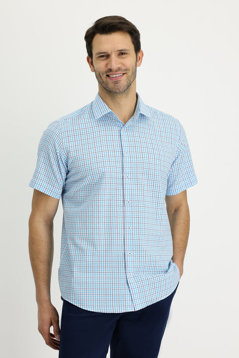 Aqua Blue Short-Sleeve Plaid Shirt