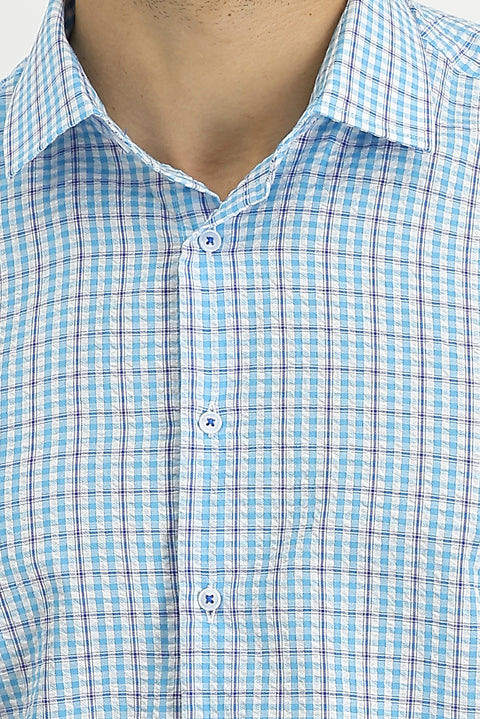Aqua Blue Short-Sleeve Plaid Shirt