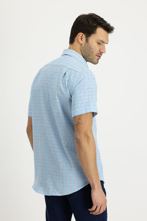 Aqua Blue Short-Sleeve Plaid Shirt