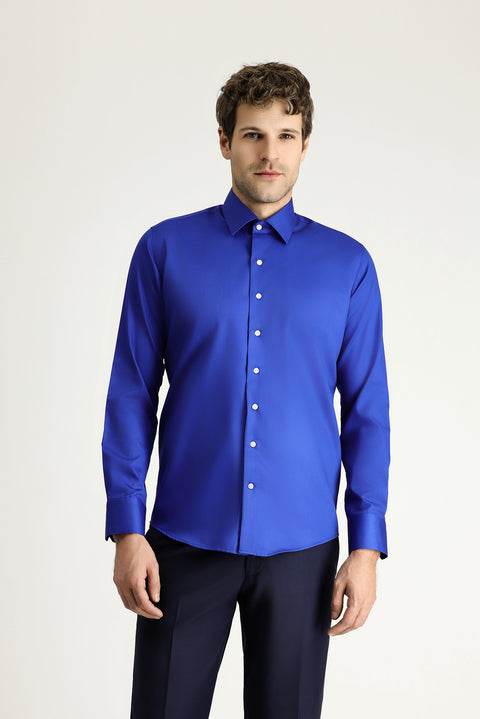 Navy Blue Long Sleeve Slim Fit Classic Non-Iron Satin Cotton Shirt