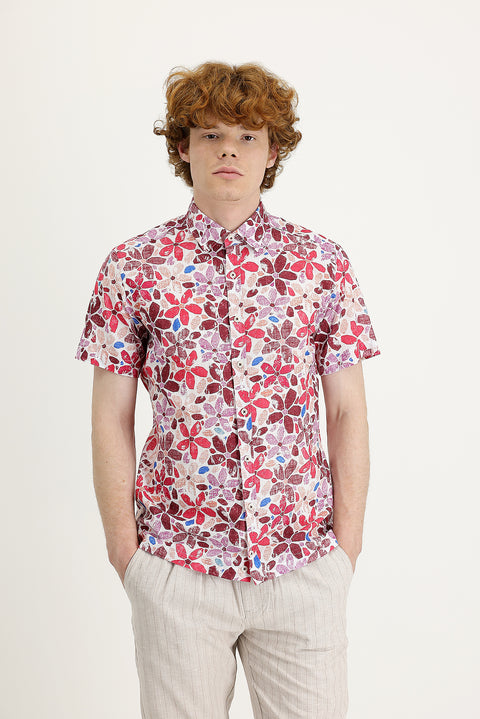 Dark Burgundy Short Sleeve Slim Fit Printed Cotton Shirt