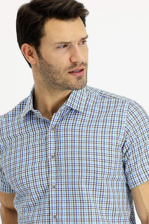Blue Short Sleeve Slim Fit Plaid Shirt