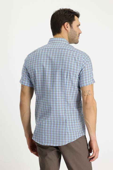Blue Short Sleeve Slim Fit Plaid Shirt