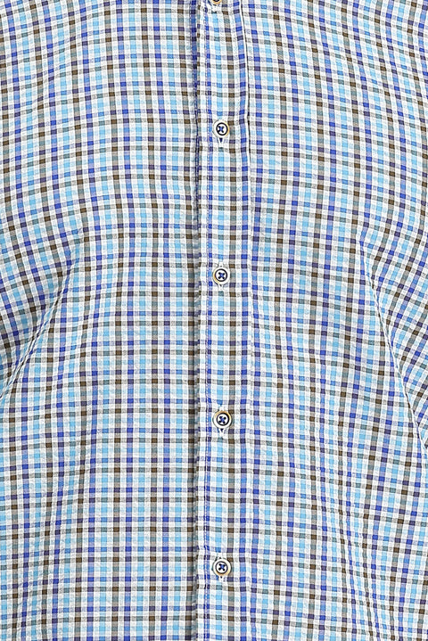 Blue Short Sleeve Slim Fit Plaid Shirt