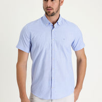 Light Blue Short Sleeve Slim Fit Plaid Cotton Shirt