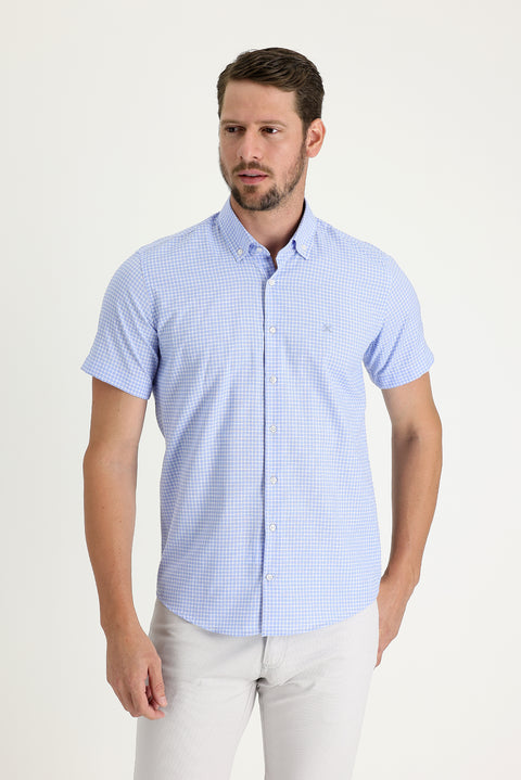 Light Blue Short Sleeve Slim Fit Plaid Cotton Shirt