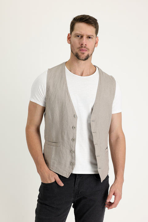 Orta Vizon Slim Fit Dar Kesim Keten Yelek