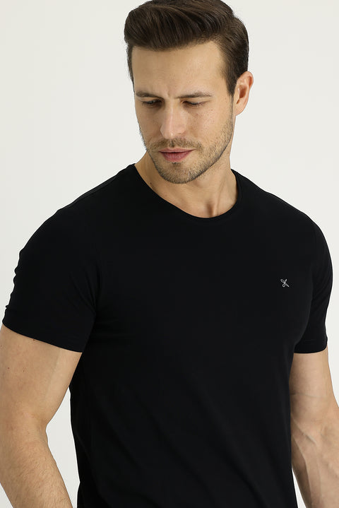 Black Crew Neck Slim Fit Embroidered T-Shirt