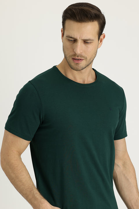 Dark Green Crew Neck Slim Fit Narrow Cut Embroidered Cotton T-Shirt