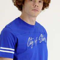 Navy Blue Crew Neck Slim Fit Printed Cotton T-Shirt