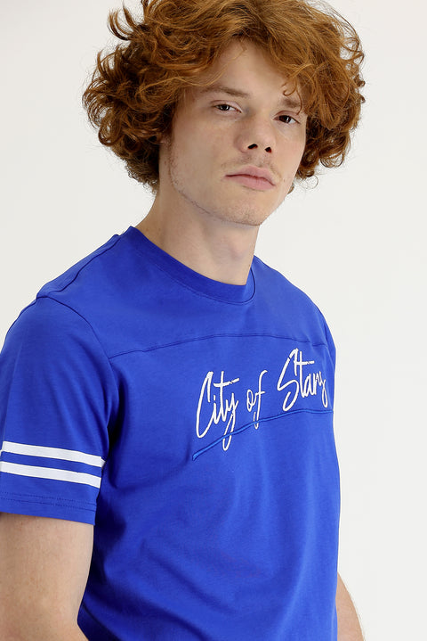 Navy Blue Crew Neck Slim Fit Printed Cotton T-Shirt