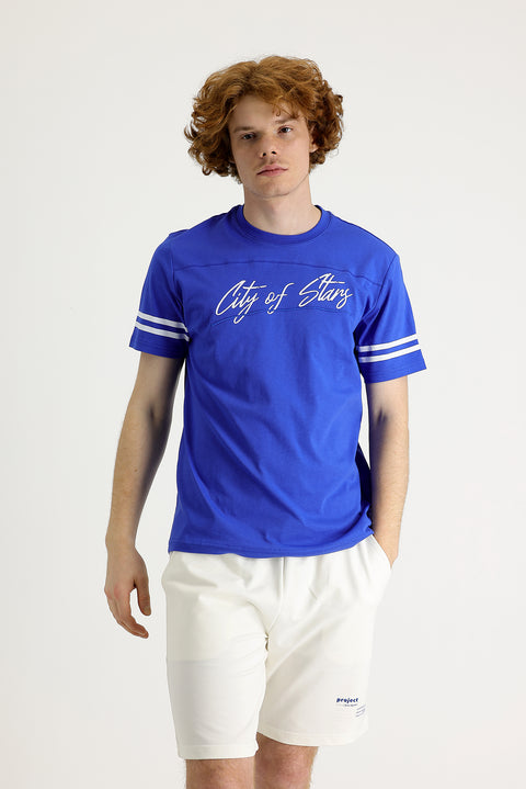 Navy Blue Crew Neck Slim Fit Printed Cotton T-Shirt