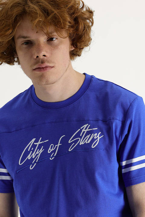 Navy Blue Crew Neck Slim Fit Printed Cotton T-Shirt