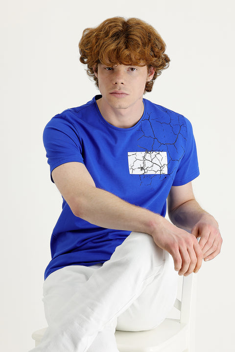 Sapphire Blue Crew Neck Slim Fit Narrow Cut Printed T-Shirt