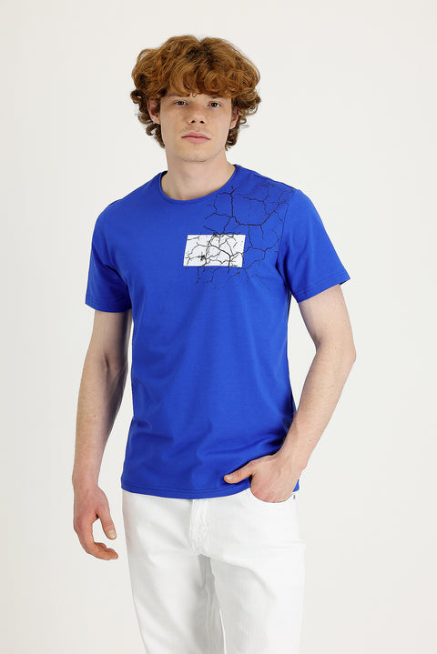 Sapphire Blue Crew Neck Slim Fit Narrow Cut Printed T-Shirt