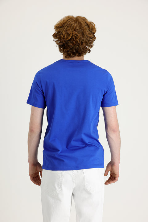 Sapphire Blue Crew Neck Slim Fit Narrow Cut Printed T-Shirt