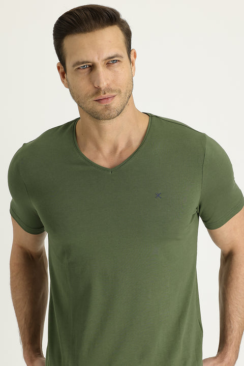 Cotton Embroidered Slim Fit V-Neck T-Shirt in Medium Khaki