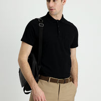 Black Polo Collar Regular Fit Embroidered Cotton T-shirt