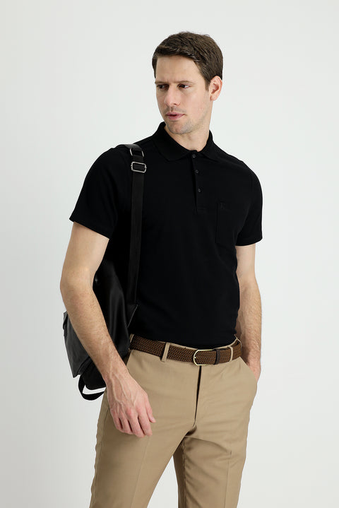 Black Polo Collar Regular Fit Embroidered Cotton T-shirt
