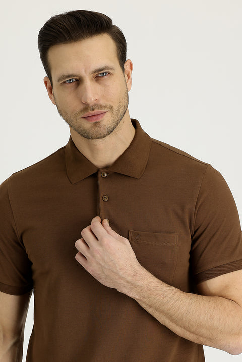 Taba Polo Yaka Regular Fit Nakışlı Pamuk Tişört