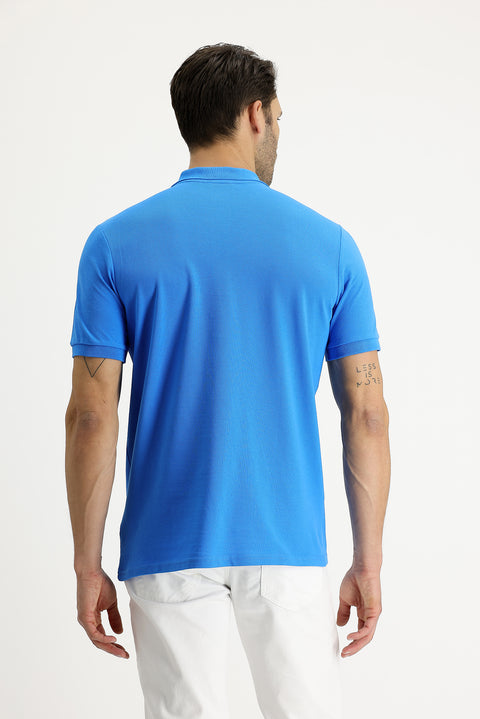 Aqua Blue Polo Collar Regular Fit Embroidered Cotton T-Shirt