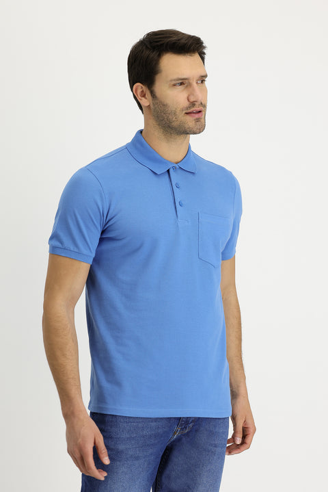 Havacı Mavi Polo Yaka Regular Fit Nakışlı Pamuk Tişört