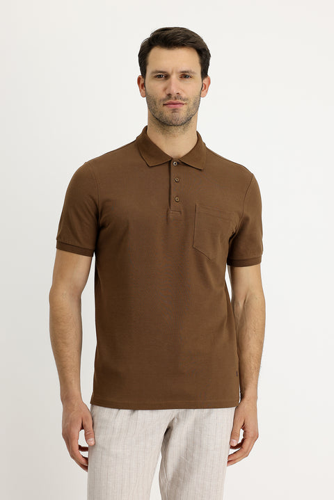Taba Polo Yaka Regular Fit Nakışlı Pamuk Tişört