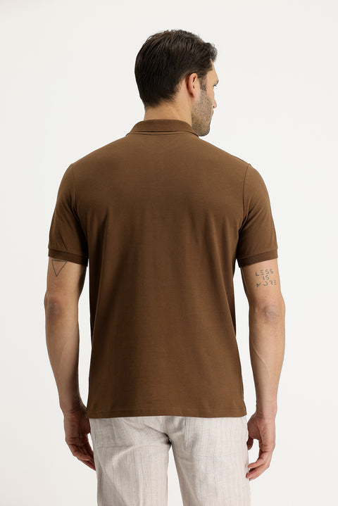 Taba Polo Yaka Regular Fit Nakışlı Pamuk Tişört