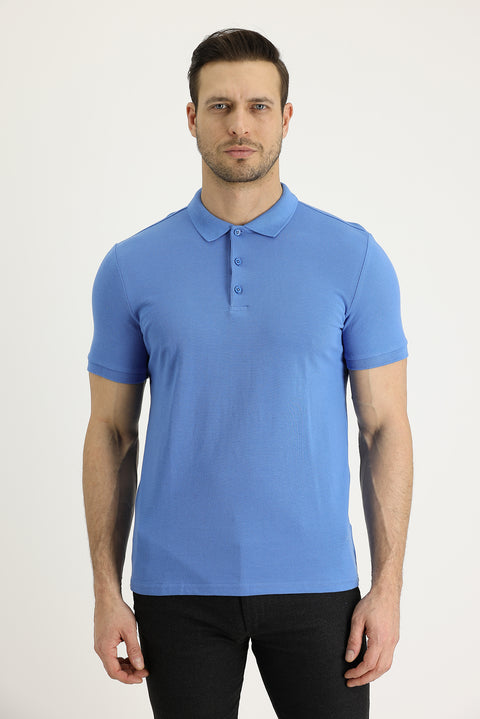 Aviator Blue Polo Collar Slim Fit Embroidered Cotton T-Shirt