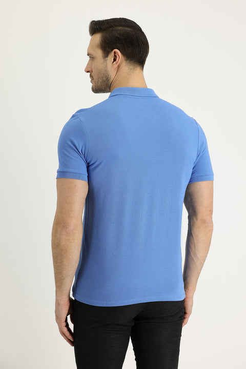 Aviator Blue Polo Collar Slim Fit Embroidered Cotton T-Shirt