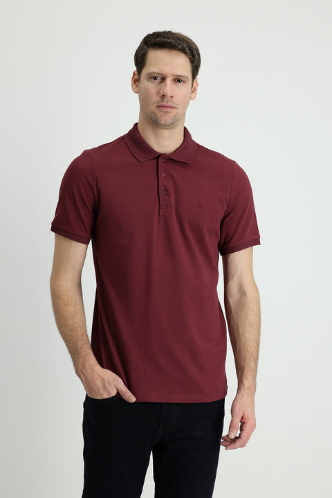 Koyu Bordo Polo Yaka Slim Fit Dar Kesim Nakışlı Pamuk Tişört