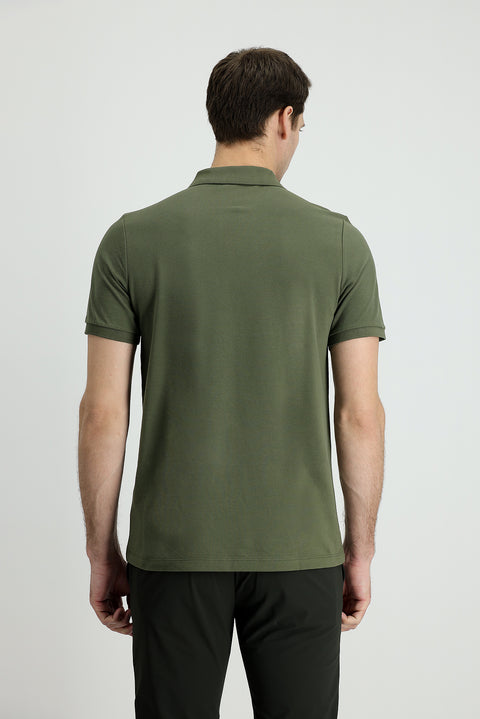 Orta Haki Polo Yaka Slim Fit Dar Kesim Nakışlı Pamuk Tişört