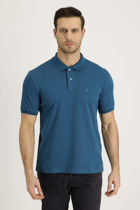 Medium Petrol Polo Collar Slim Fit Narrow Cut Embroidered Cotton T-Shirt