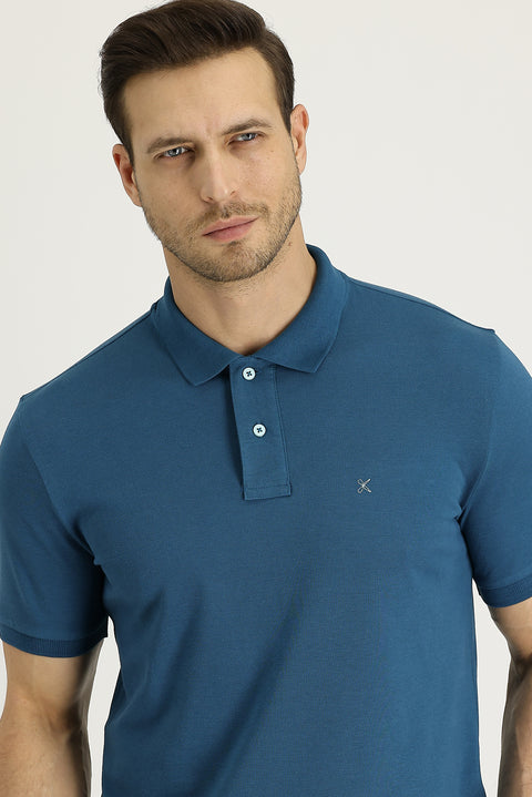 Medium Petrol Polo Collar Slim Fit Narrow Cut Embroidered Cotton T-Shirt
