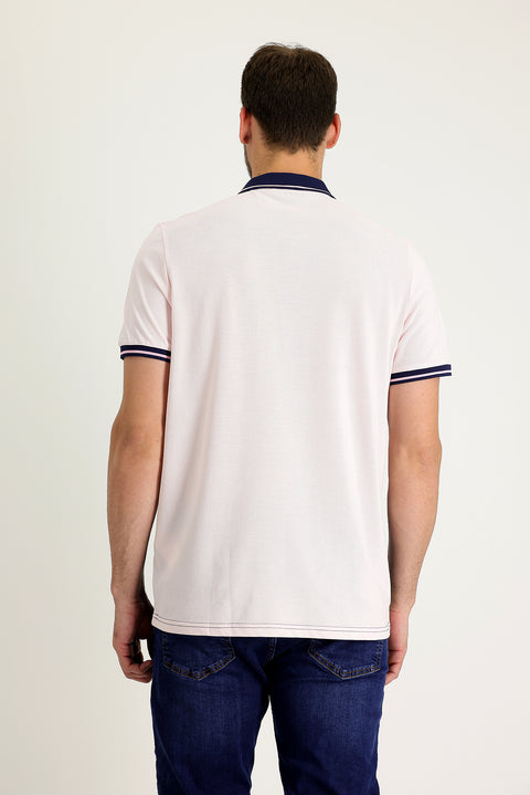 Pink Polo Neck Slim Fit Patterned Cotton T-Shirt