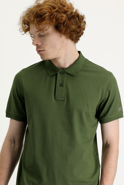Medium Khaki Polo Collar Slim Fit Printed T-Shirt