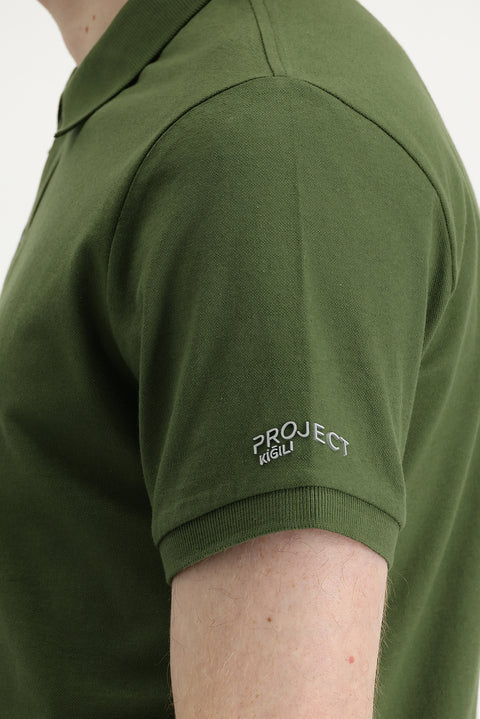 Medium Khaki Polo Collar Slim Fit Printed T-Shirt