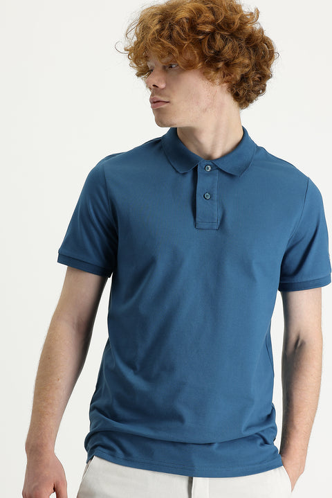 Dark Petrol Polo Collar Slim Fit Printed T-Shirt
