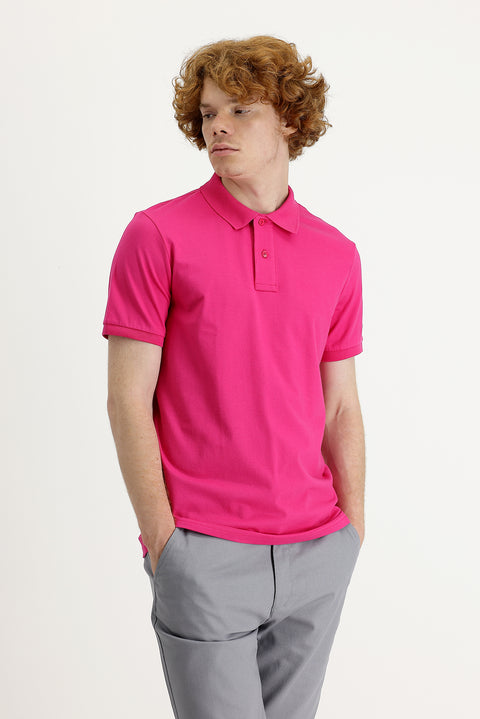Fuchsia Polo Collar Slim Fit Printed T-shirt
