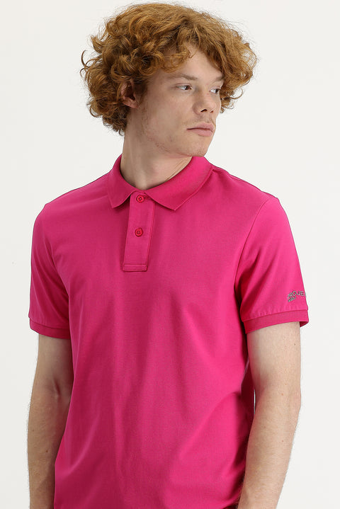 Fuchsia Polo Collar Slim Fit Printed T-shirt
