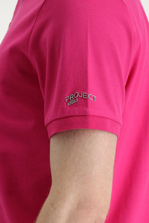 Fuchsia Polo Collar Slim Fit Printed T-shirt
