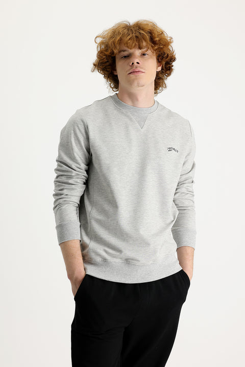Medium Grey Melange Crew Neck Slim Fit Printed Sweatshirt