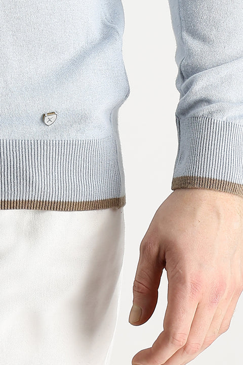 Light Blue Crew Neck Slim Fit Narrow Cut Linen Knit Sweater