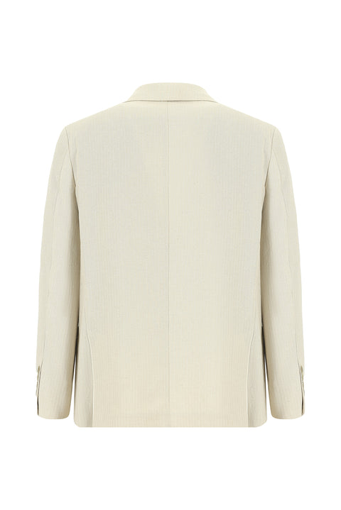 Light Beige 4-Drop Relaxed Fit Striped Cotton Linen Blend Jacket