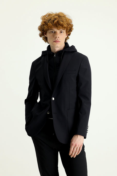 Black Techno-Line 7 Drop Slim Fit Hooded Knit Sports Jacket