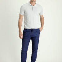 Koyu Lacivert Slim Fit Dar Kesim Beli Lastikli İpli Desenli Likralı Pantolon