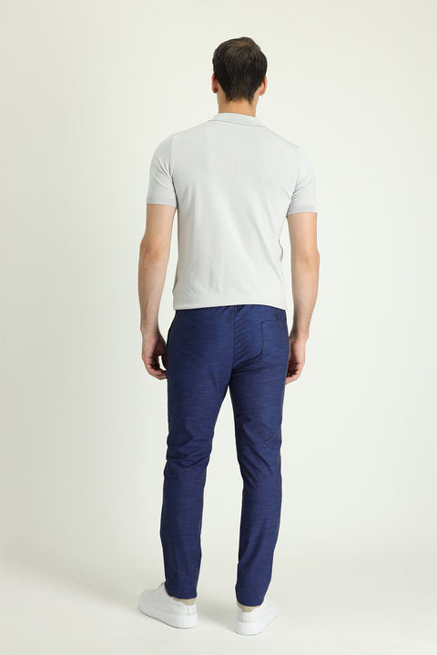 Koyu Lacivert Slim Fit Dar Kesim Beli Lastikli İpli Desenli Likralı Pantolon